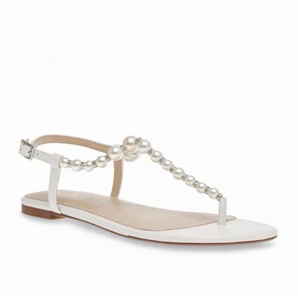 Betsey Johnson Size-6.5 Women Flat Sandals‎ Gal Pearl Strap White